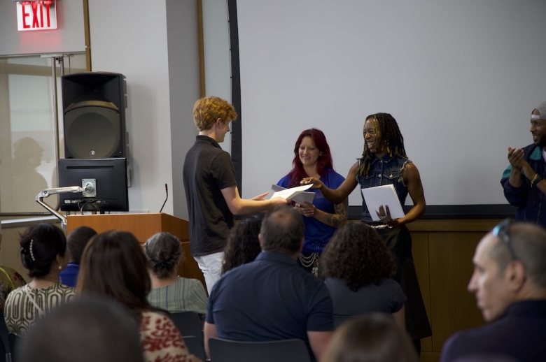 Clive Davis Institute instructors present certificates to Tisch Summer High School Recorded Music students on the last day of class.